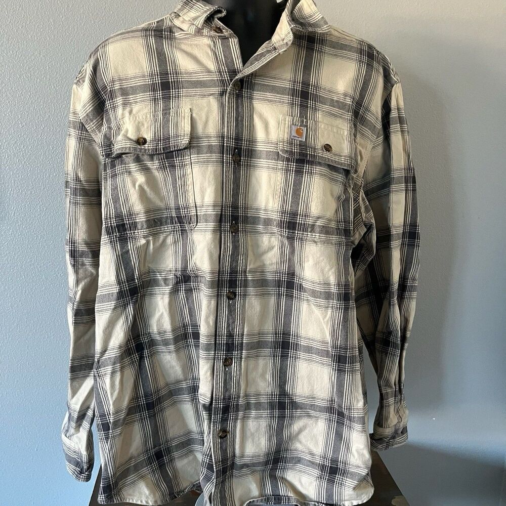 Carhartt Shirt Jacket Mens XL Tan Plaid Heavy Flannel Original Fit Workwear